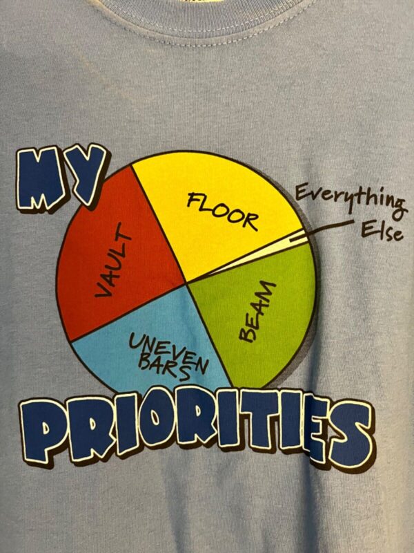 GK GYMNASTICS PRINT T-SHIRT GIRLS LARGE BLUE HVYWT COTTON "MY PRIORITIES" DIAL L - Image 2