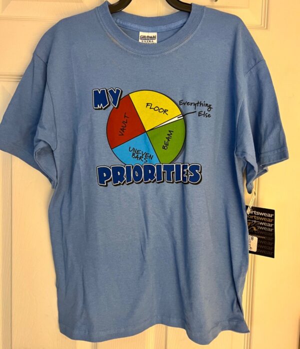 GK GYMNASTICS PRINT T-SHIRT GIRLS LARGE BLUE HVYWT COTTON "MY PRIORITIES" DIAL L - Image 4