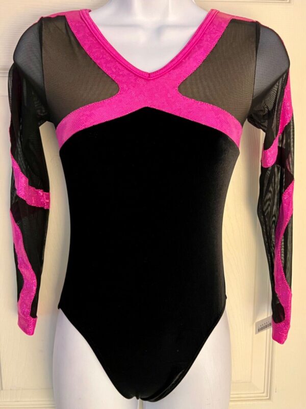 GK LgS BLACK VELVET MESH ADULT SMALL PINK FOIL GYMNASTICS DANCE LEOTARD Sz AS