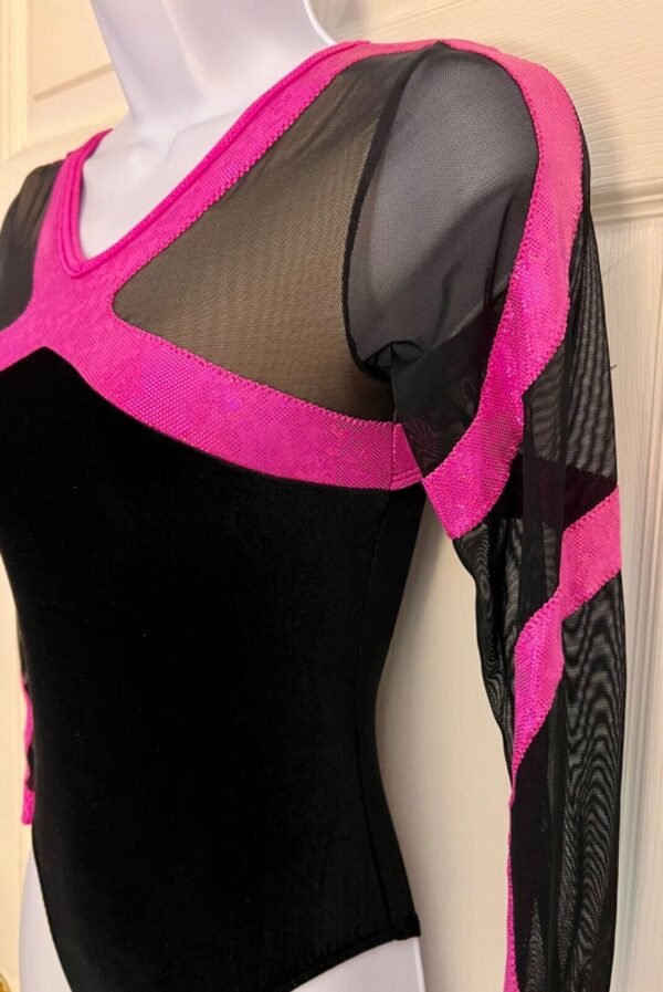 GK LgS BLACK VELVET MESH ADULT SMALL PINK FOIL GYMNASTICS DANCE LEOTARD Sz AS - Image 5