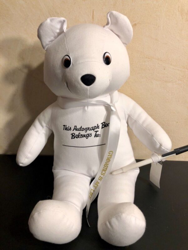 AUTOGRAPH PLUSH BEAR WHITE RIBBON â€œGYMNASTICS IS MY LIFEâ€ WITH PEN 16â€ LONG