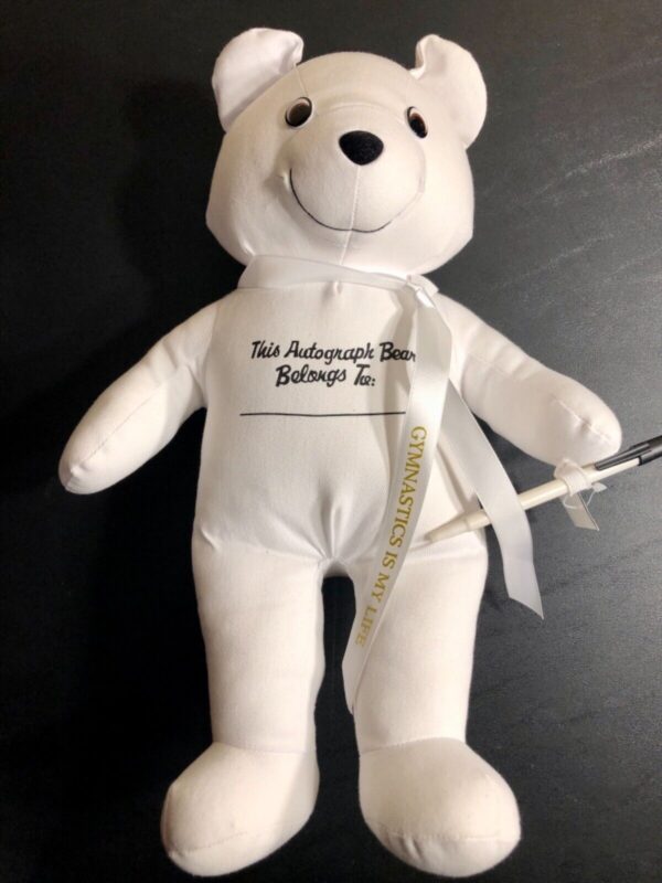 AUTOGRAPH PLUSH BEAR WHITE RIBBON â€œGYMNASTICS IS MY LIFEâ€ WITH PEN 16â€ LONG - Image 2