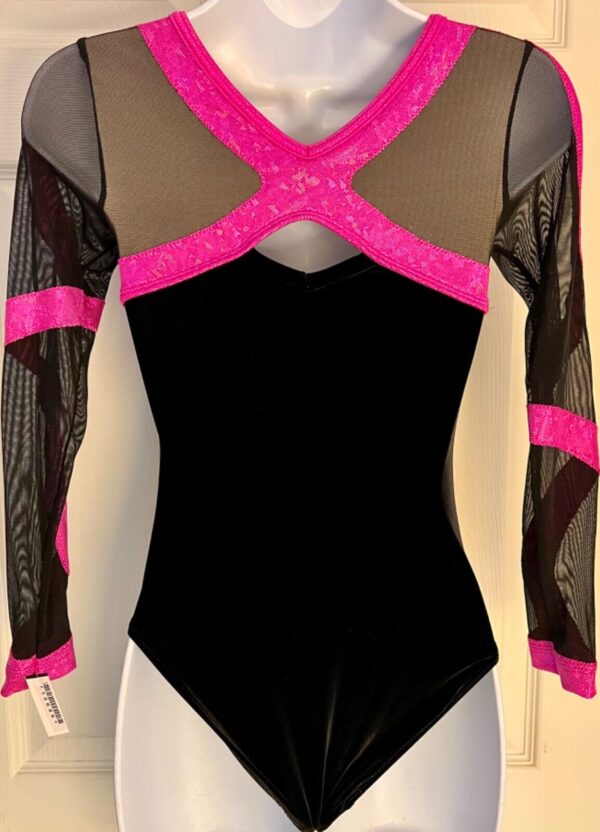 GK LgS BLACK VELVET MESH ADULT SMALL PINK FOIL GYMNASTICS DANCE LEOTARD Sz AS - Image 6