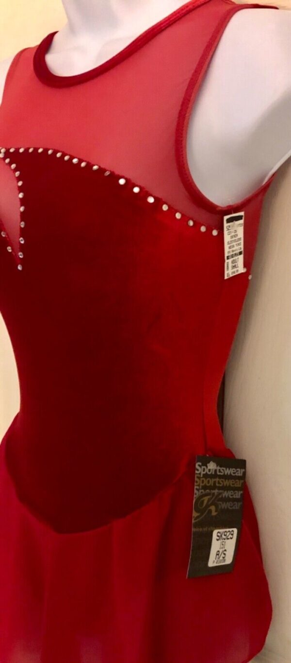 GK RED VELVET ICE FIGURE SKATE ADULT SMALL SLVLS ASYM MESH YOKE JA DRESS Sz AS - Image 5