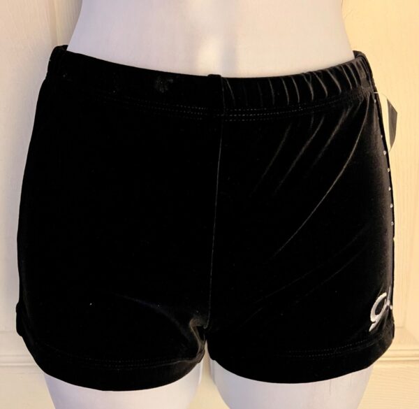 GK DANCE MICRO MINI WORKOUT SHORTS ADULT MEDIUM BLACK VELVET SWAR CRYSTALS SZ M