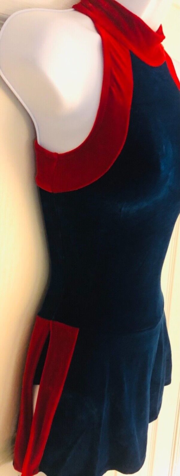 GK ICE FIGURE SKATE LADIES SMALL RED BLUE VELVET TURTLENECK HALTER DRESS Sz AS - Image 3