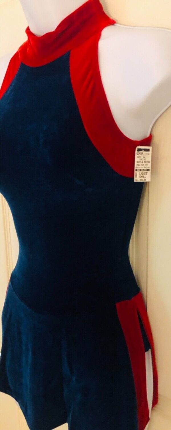 GK ICE FIGURE SKATE LADIES SMALL RED BLUE VELVET TURTLENECK HALTER DRESS Sz AS - Image 7