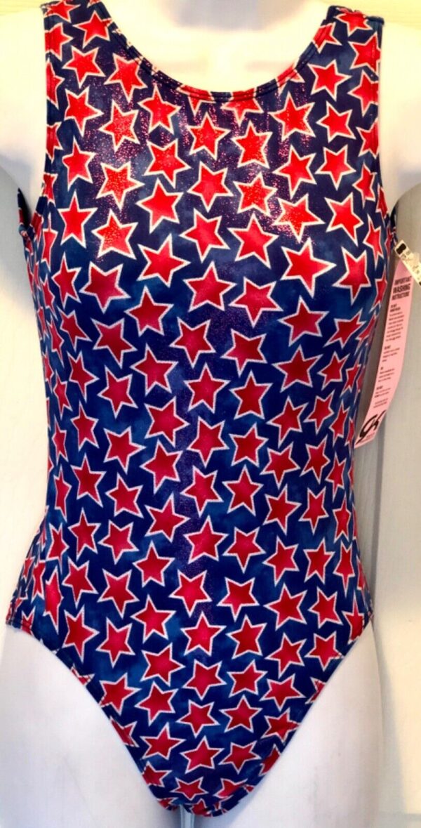 GK TANK ADULT SMALL RED STAR PRINT FOIL GYMNASTICS DANCE CHEER LEOTARD AS NWT!