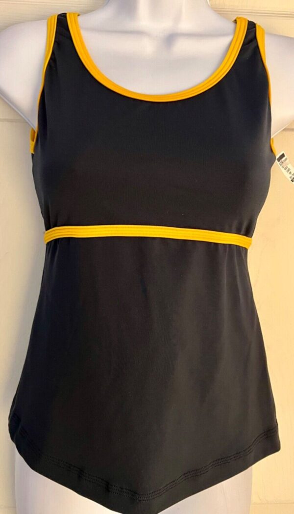 GK DANCE CHEER LADIES SMALL NAVY YELLOW DRY TECH V-NECK PERFORM TOP Sz AS NWT!