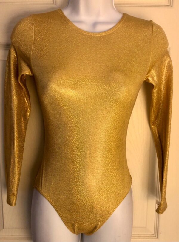 GK LONG SLEEVE LADIES SMALL CLASSIC GOLD SPARKLE GYMNASTICS DANCE LEOTARD Sz AS