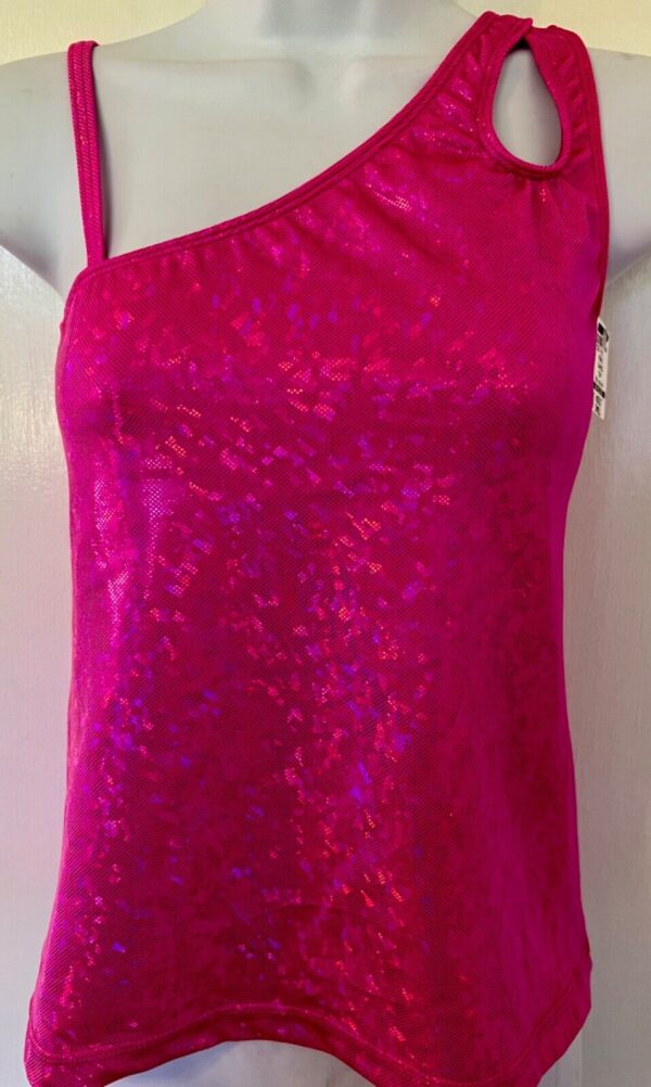 GK DANCE CHEER LADIES SMALL SPARKLE PINK FOIL ONE SHOULDER ASYM TOP Sz AS NWT