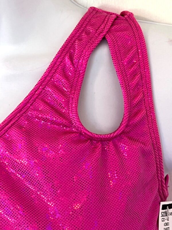 GK DANCE CHEER LADIES SMALL SPARKLE PINK FOIL ONE SHOULDER ASYM TOP Sz AS NWT - Image 2