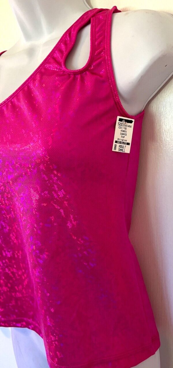 GK DANCE CHEER LADIES SMALL SPARKLE PINK FOIL ONE SHOULDER ASYM TOP Sz AS NWT - Image 4