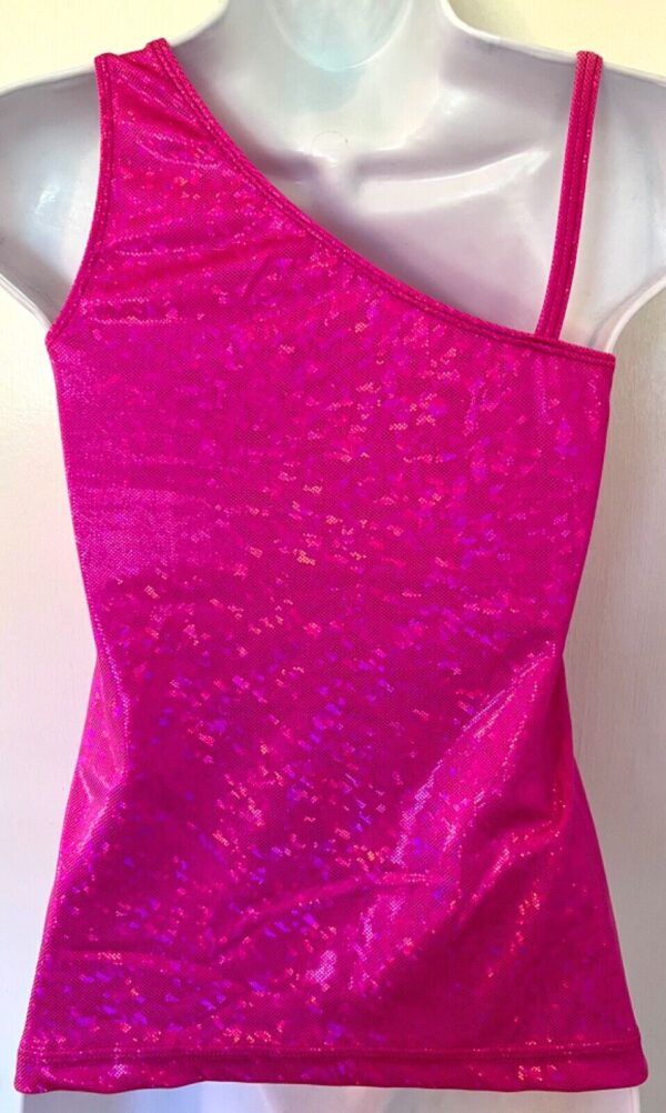 GK DANCE CHEER LADIES SMALL SPARKLE PINK FOIL ONE SHOULDER ASYM TOP Sz AS NWT - Image 5