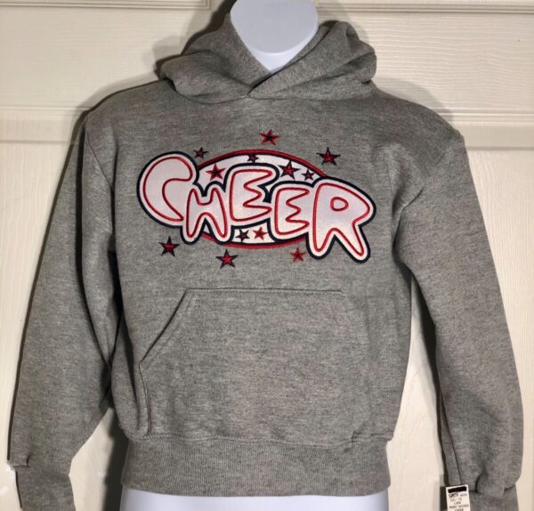 GK CHEER LOGO GIRLS SMALL HOODIE SWEATSHIRT PULLOVER GRAY METALLIC APPLIQUÃ‰ SZ S