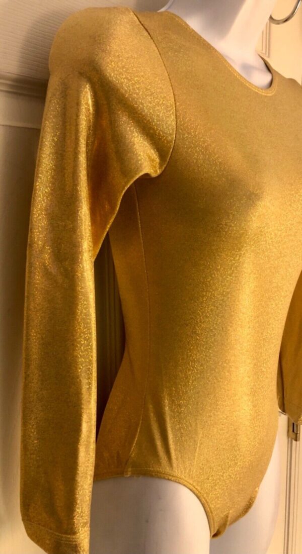 GK LONG SLEEVE LADIES SMALL CLASSIC GOLD SPARKLE GYMNASTICS DANCE LEOTARD Sz AS - Image 3