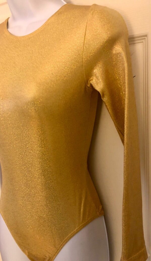 GK LONG SLEEVE LADIES SMALL CLASSIC GOLD SPARKLE GYMNASTICS DANCE LEOTARD Sz AS - Image 4