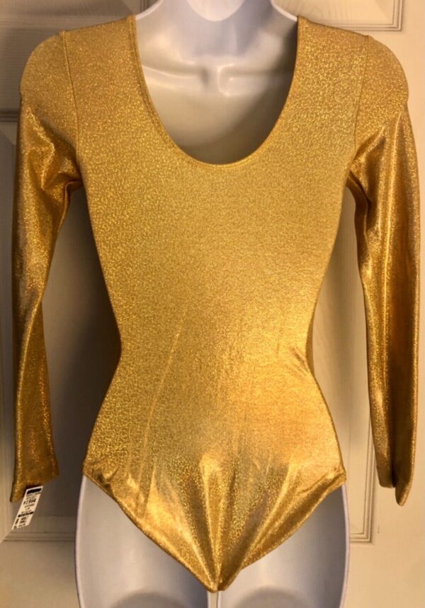 GK LONG SLEEVE LADIES SMALL CLASSIC GOLD SPARKLE GYMNASTICS DANCE LEOTARD Sz AS - Image 5