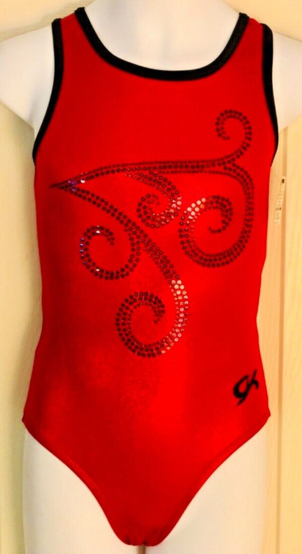 GK RED MYSTIQUE CHILD MEDIUM BLACK SEQUINZ GYMNASTIC TANK LEOTARD Sz CM NWT!