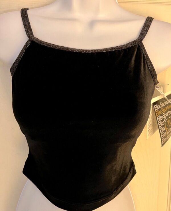 GK DANCE JAZZ ADULT SMALL BLACK VELVET X-BACK FOIL STRAPS CAMISOLE TOP Sz AS NWT