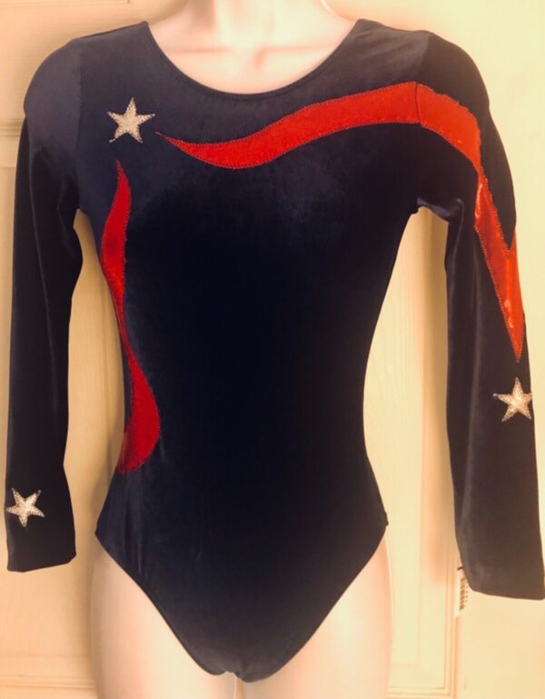 GK LgSLV LADIES SMALL NAVY VELVET RED FOIL STARS GYMNASTICS DANCE LEOTARD Sz AS