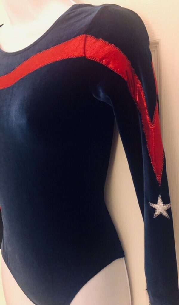 GK LgSLV LADIES SMALL NAVY VELVET RED FOIL STARS GYMNASTICS DANCE LEOTARD Sz AS - Image 6