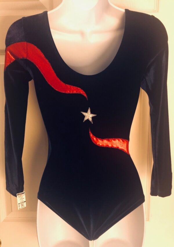 GK LgSLV LADIES SMALL NAVY VELVET RED FOIL STARS GYMNASTICS DANCE LEOTARD Sz AS - Image 7