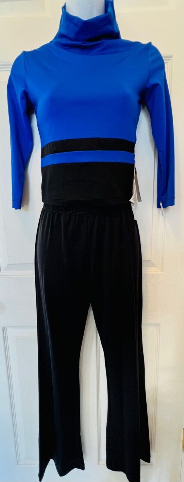 GK ICE SKATE LADIES SMALL 3/4 SLV NYLON/SPANDEX BLUE TOP BLACK PANT SET Sz S