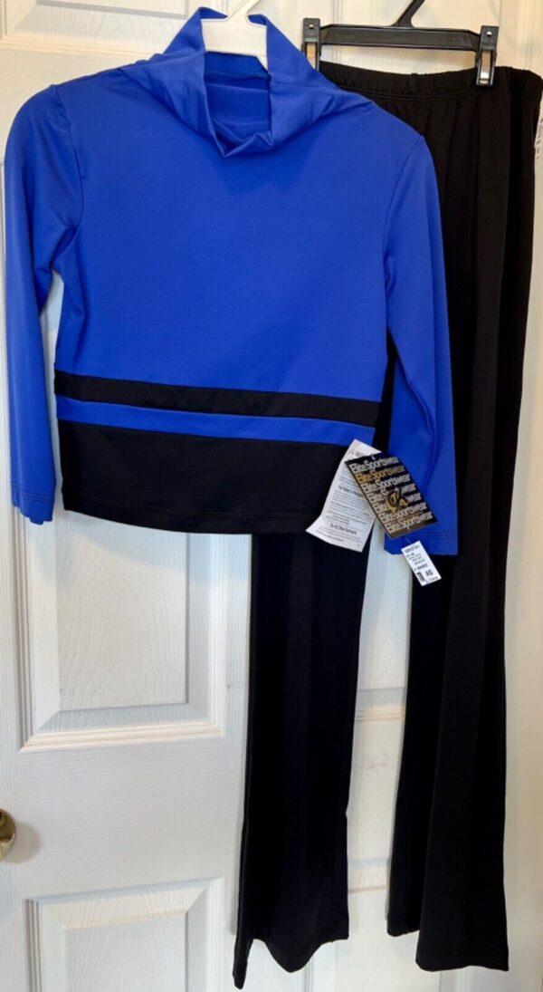 GK ICE SKATE LADIES SMALL 3/4 SLV NYLON/SPANDEX BLUE TOP BLACK PANT SET Sz S - Image 3