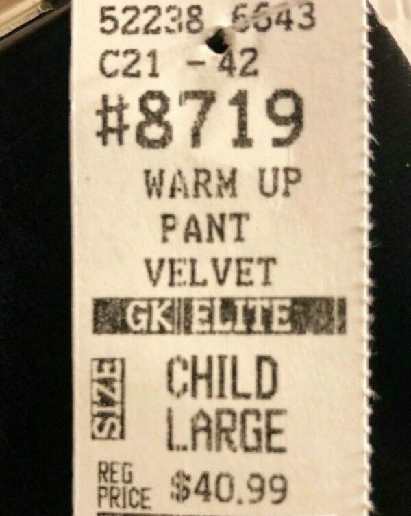 GK BLACK VELVET CHILD LARGE WARM-UP PANTS GYMNAST, SKATE, DANCE, FITNESS Sz CL - Image 4