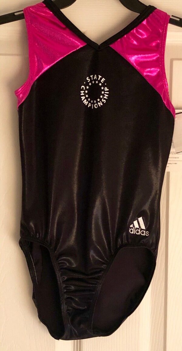 ADIDAS BLACK PINK FOIL STATE CHAMP GK GYMNASTIC LEOTARD  CHILD L