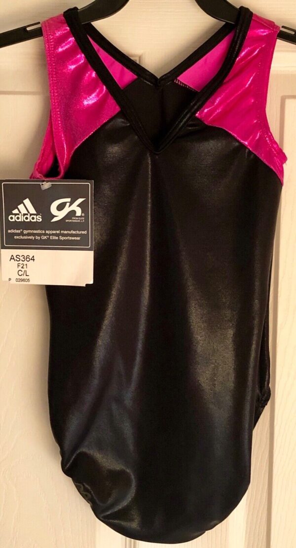 ADIDAS BLACK PINK FOIL STATE CHAMP GK GYMNASTIC LEOTARD  CHILD L - Image 3