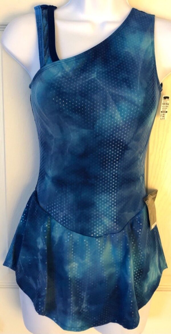 GK ASYM ADULT SMALL SLVLS BLUE TIE-DYE DOT FOIL VELVET ICE FIGURE SKATE DRESS AS