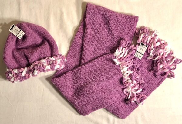 GIRLâ€™S KNIT BEANIE HAT & SCARF SET LILAC CHENILLE SPARKLE CHILD ONE SIZE