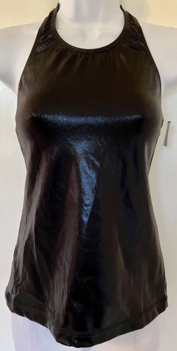 GK DANCE JAZZ CHEER LADIES SMALL BLACK MYSTIQUE HOLOGRAM HALTER TOP Sz AS NWT!