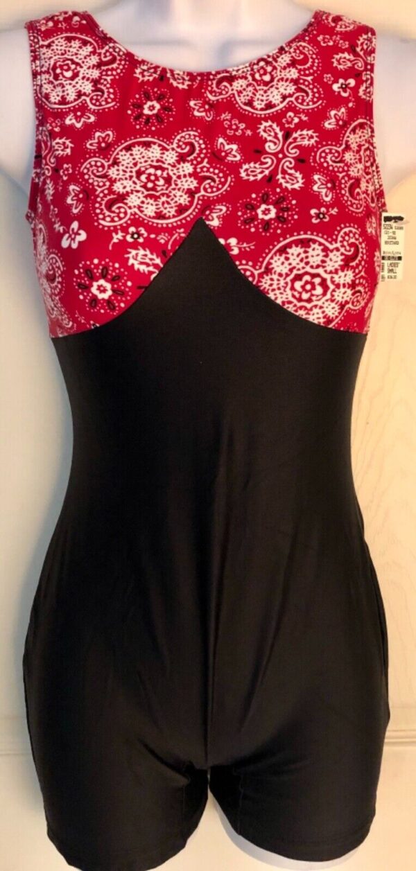 GK DANCE BIKETARD ADULT SMALL RED PAISLEY PRINT BLACK N/S WORKOUT GYM TANK Sz AS