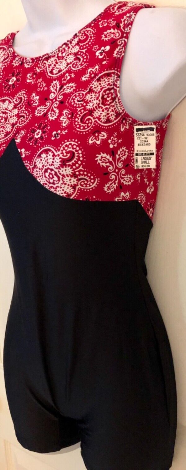 GK DANCE BIKETARD ADULT SMALL RED PAISLEY PRINT BLACK N/S WORKOUT GYM TANK Sz AS - Image 4