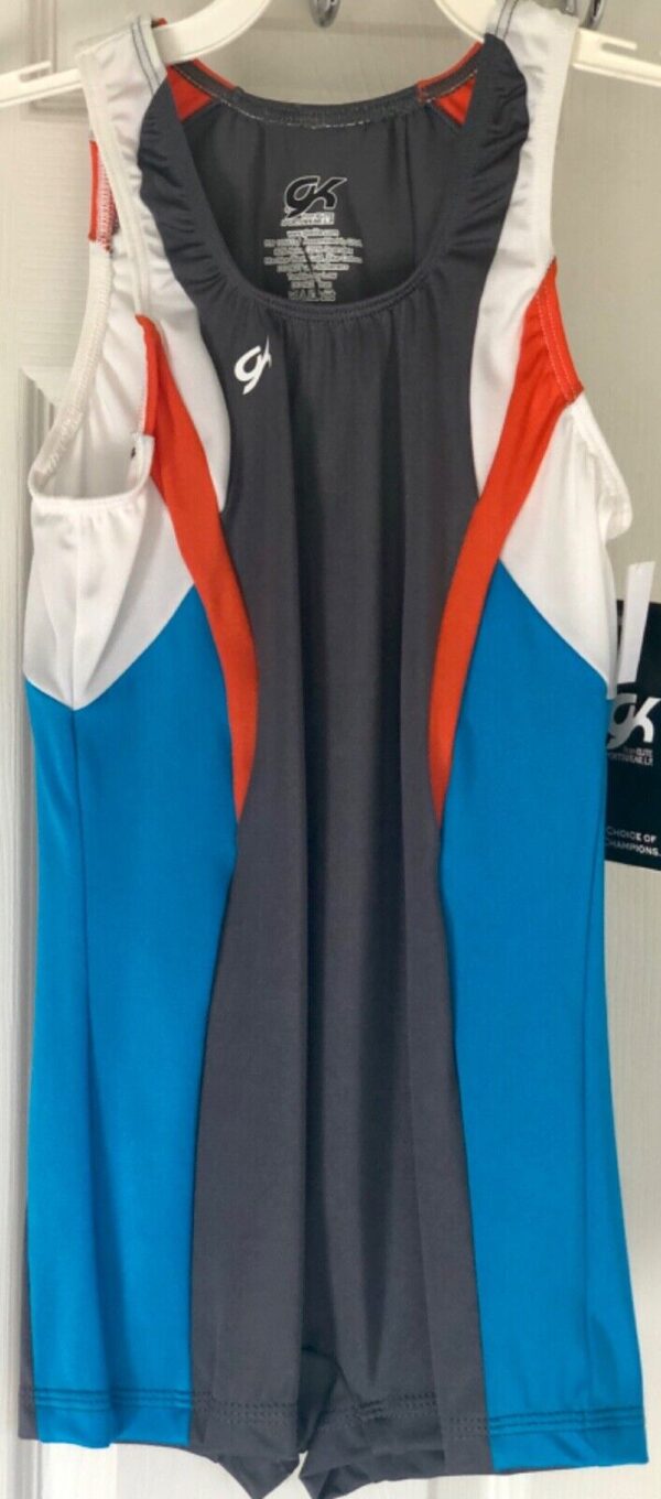 GK Elite BOYS X-LARGE GYMNASTIC COMPETITION SHIRT GRAY BLUE ORANGE N/S CXL NWT!