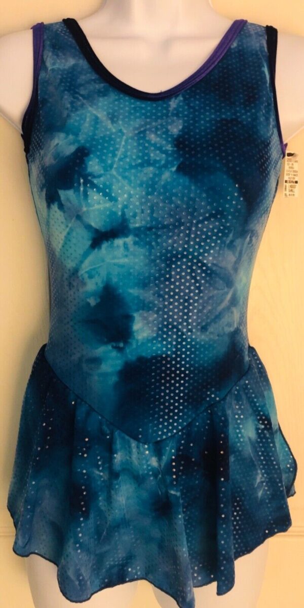 GK TIE DYE DOT FOIL LADIES SMALL V-BACK VELVET TRIM TANK FIGURE SKATE DRESS AS