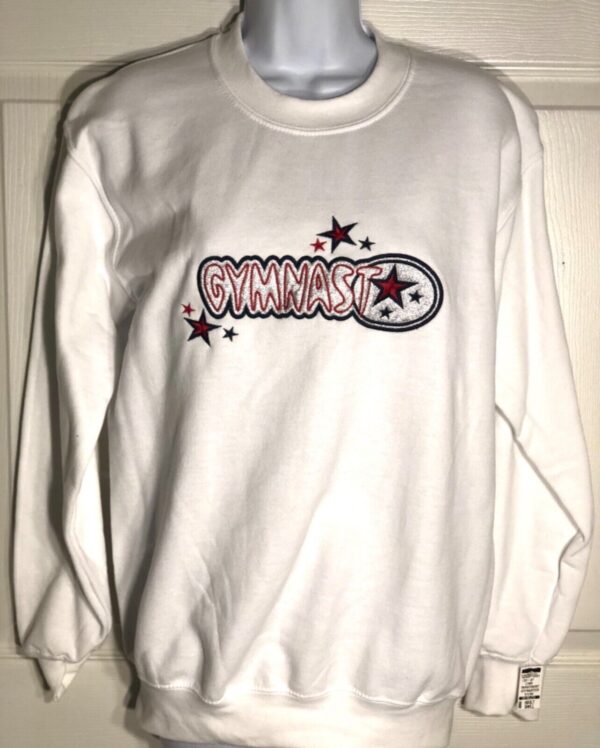 GK SWEATSHIRT ADULT SMALL GYMNAST METALLIC APPLIQUÃ‰ WHITE PULLOVER Sz AS NWT!