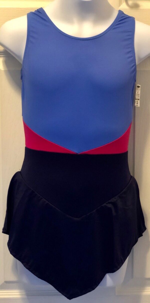 GK ICE FIGURE SKATE MATTE TRICOT GIRLS LARGE SLVLS BLUE PINK MIDRIFF DRESS Sz CL