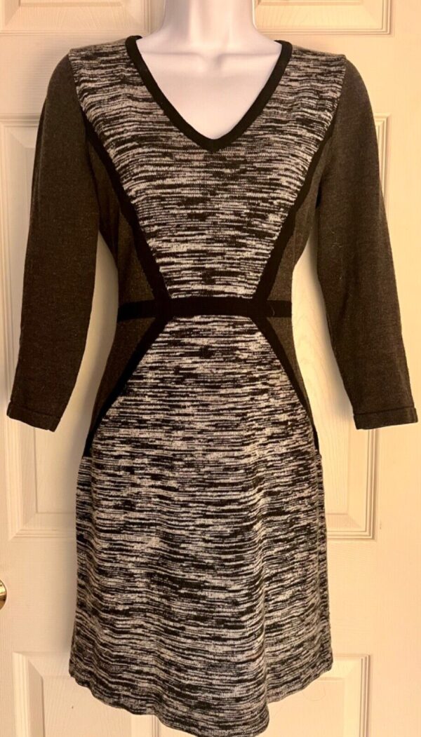 CALVIN KLEIN WOMENS SIZE SMALL BLACK GRAY WHITE 3/4 SLV KNIT SHEATH DRESS Sz S