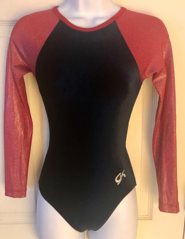 GK LgSLV LADIES X-SMALL NAVY VELVET RED GLITTER GYMNASTIC DANCE LEOTARD AXS NWT!