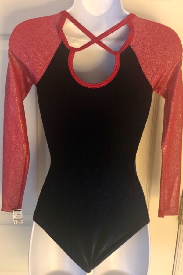 GK LgSLV LADIES X-SMALL NAVY VELVET RED GLITTER GYMNASTIC DANCE LEOTARD AXS NWT! - Image 4