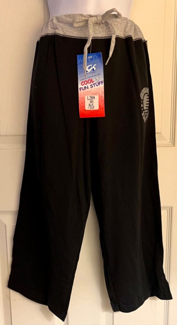 GK â€œGYMNASTICS TEAM USAâ€ ADULT LARGE BLACK COTTON CAPRI GRAY DRAWSTRING WAIST