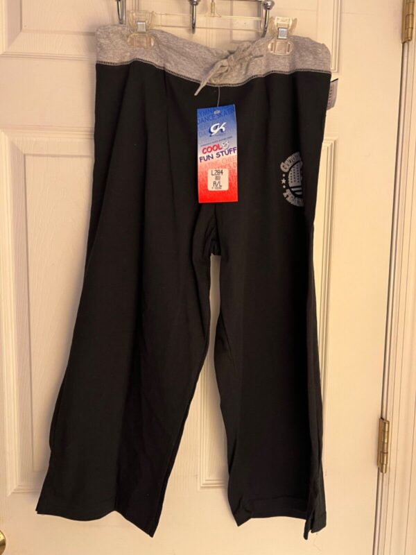 GK â€œGYMNASTICS TEAM USAâ€ ADULT LARGE BLACK COTTON CAPRI GRAY DRAWSTRING WAIST - Image 2