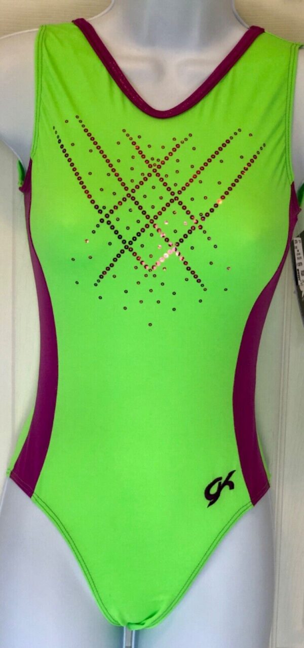 GK LUCKY LIME N/S ADULT X-SMALL FOIL SEQUINZ GYMNASTIC DANCE TANK LEOTARD AXS