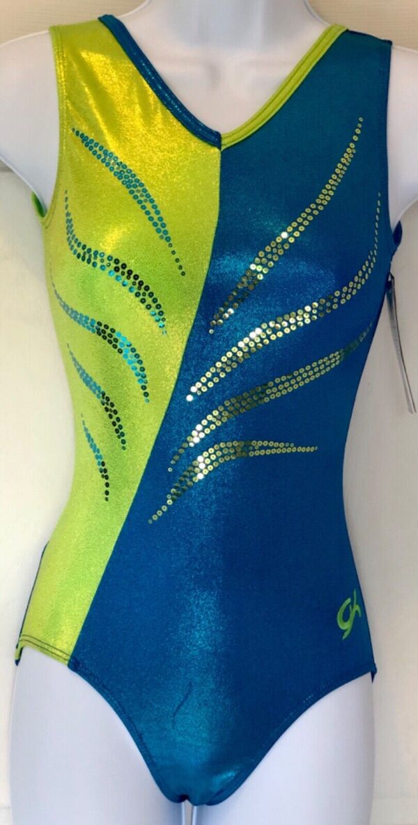 GK LIME/TURQUOISE ADULT X-SMALL MYSTIQUE SEQUINZ GYMNASTICS TANK LEOTARD AXS