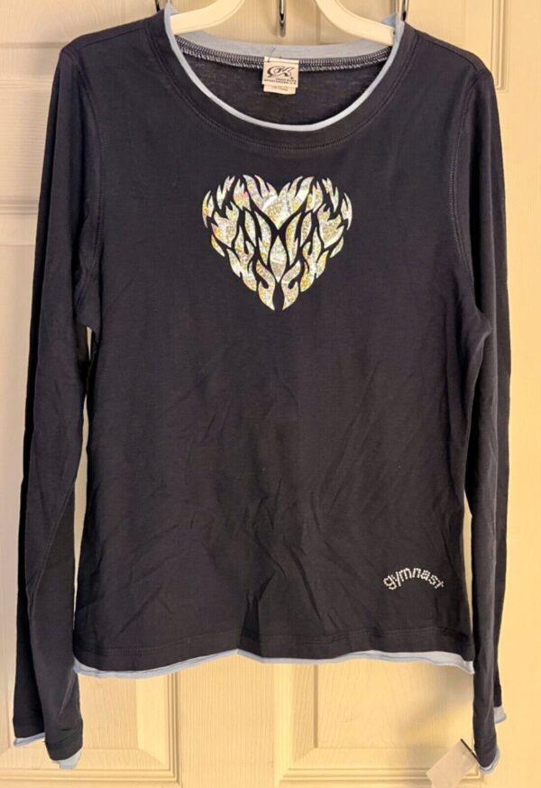 GK ELITE ADULT SMALL LgS FAUX 2-LAYER NAVY COTON HOLOGRAM HEART T-SHIRT Sz S - Image 6