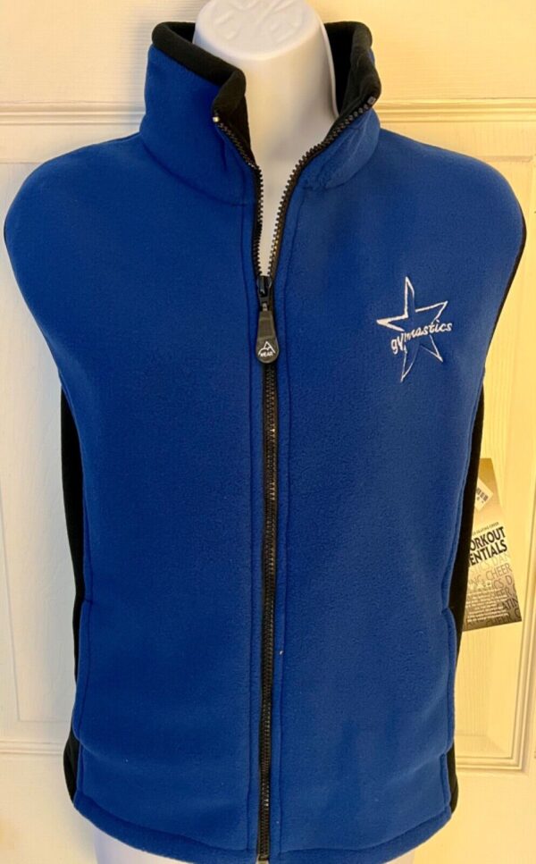 GK FLEECE VEST ADULT LARGE BY AVALANCHE BLUE BLACK GYMNASTICS LOGO Sz AL NWT!